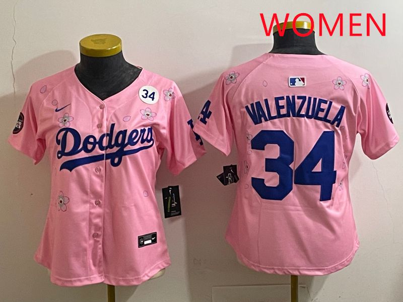 Women Los Angeles Dodgers #34 Valenzuela Pink Sakura Edition 2025 Nike MLB Jersey style 39->women mlb jersey->Women Jersey